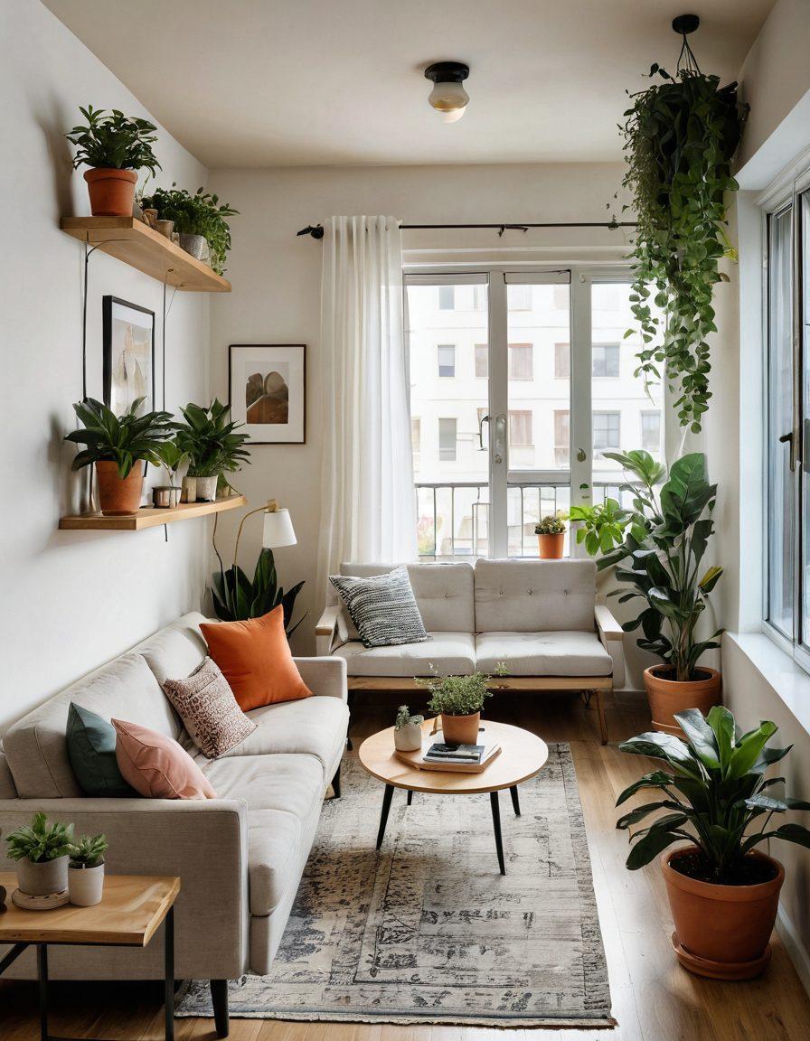 A serene and inviting apartment interior showcasing different affordable housing options, including a cozy studio, a modern living room, and a small outdoor balcony with plants. The scene should depict warm lighting and a mix of contemporary and vintage decor. Across the image, subtle price tags display various rental prices, emphasizing affordability. Incorporate a diverse group of people happily enjoying their spaces. vibrant colors. super-realistic.