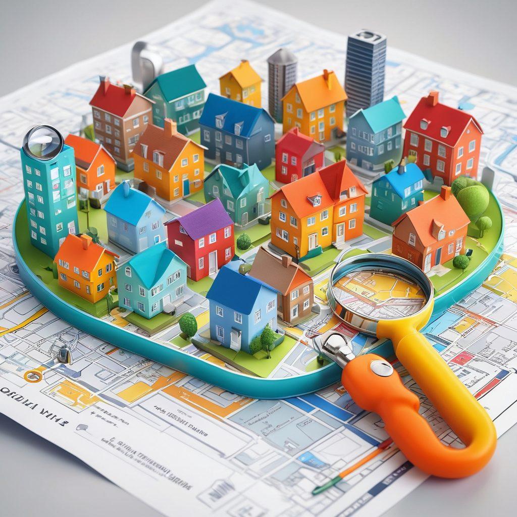 A detailed illustrated toolkit with various rental property icons such as student housing, luxury flats, and cozy apartments, surrounded by tools like a magnifying glass, map, and keys. The background features a city skyline blurred in the distance, highlighting the diversity of housing options. Incorporate bright and inviting colors to enhance appeal. vector art. vibrant colors. clean background.