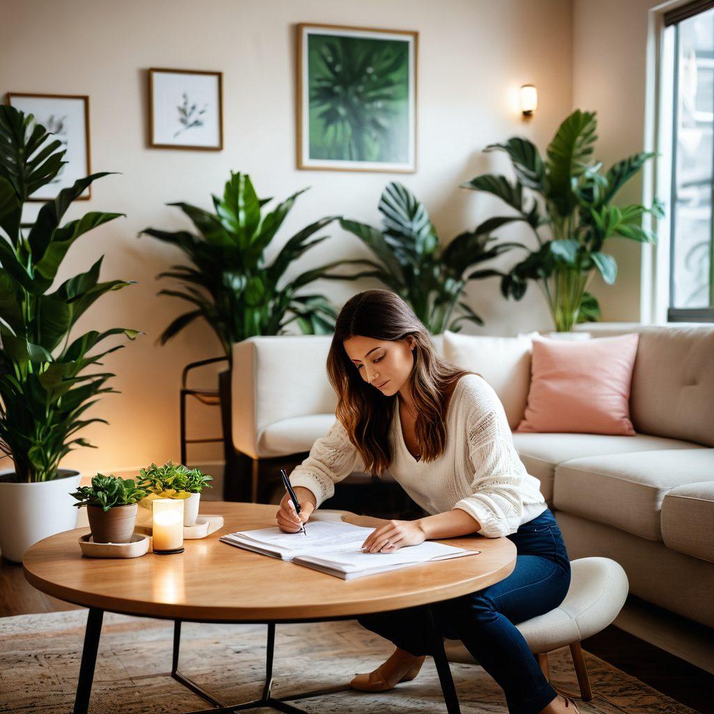 A cozy, well-decorated apartment interior showcasing a modern lease agreement on a stylish coffee table surrounded by house plants and warm lighting. A person reviewing the lease with a pen in hand, with a content look on their face, symbolizing confidence and readiness. Soft colors that evoke a sense of home and comfort. super-realistic. vibrant colors.